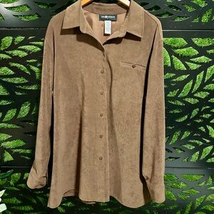 Sag Harbor Chocolate Brown Button Up Faux Suede Long Sleeve Shirt, Women's 22W